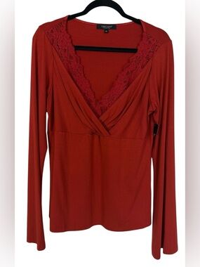 NWT Karen Kane Rust Long Sleeve Peek-A-Boo Lace Blouse V-Neck Top Size XL